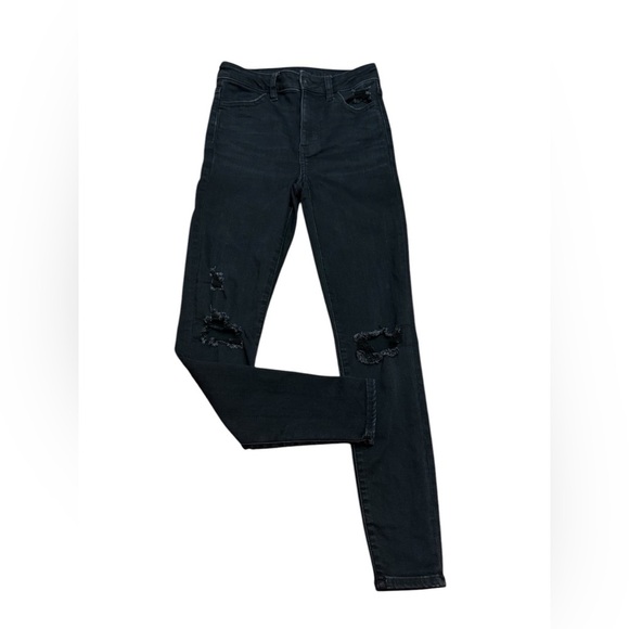 American Eagle, Black Ripped Denim Super Hi-Rise Jegging, Size 0 - Picture 7 of 9